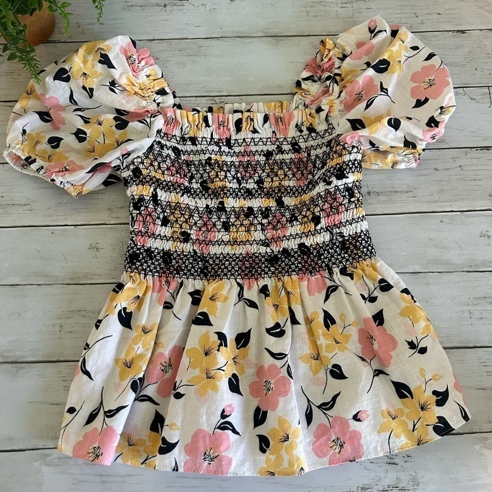 Kate Spade Lily Blooms Puff-sleeve Top XS